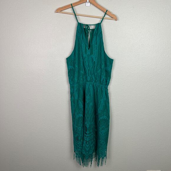 Gianni Bini Size Medium Teal Green Lace Sleeveless Dress with Fringe Hem Halter - Picture 7 of 10